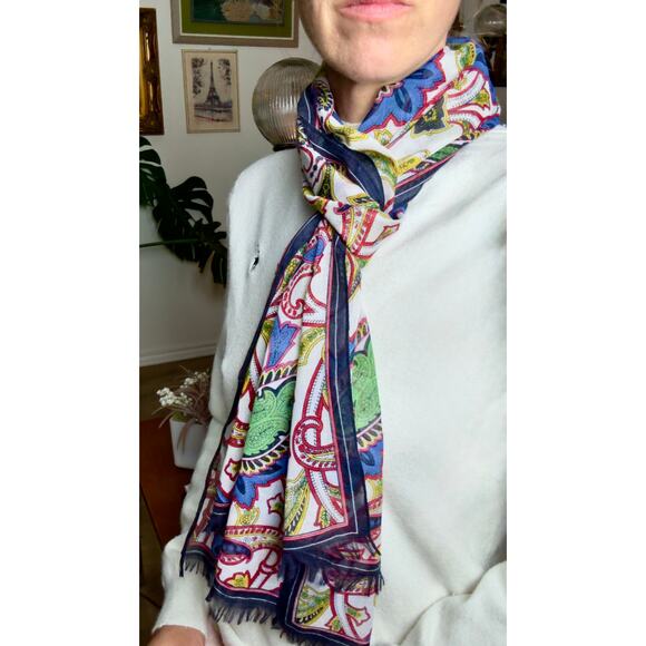 Vintage Boho Paisley Scarf 71” x 26.6” Long Cotton Wrap Floral Print Blue/Multi - Picture 2 of 4